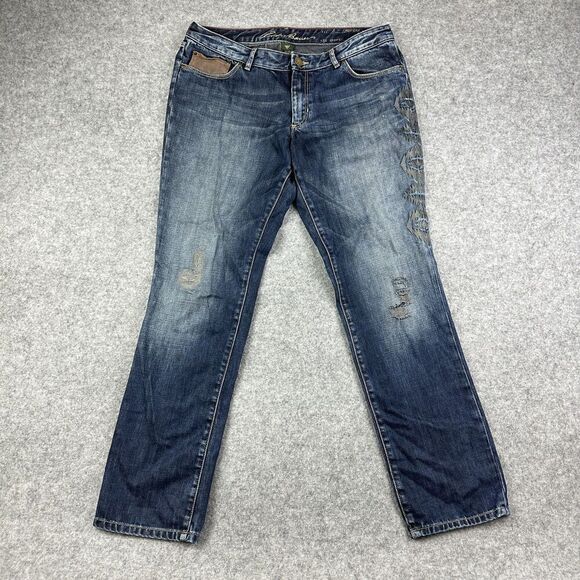 Eddie Bauer Jeans Womens 12 Modern Straight Aztec Embroidered Distressed Denim - Picture 1 of 16